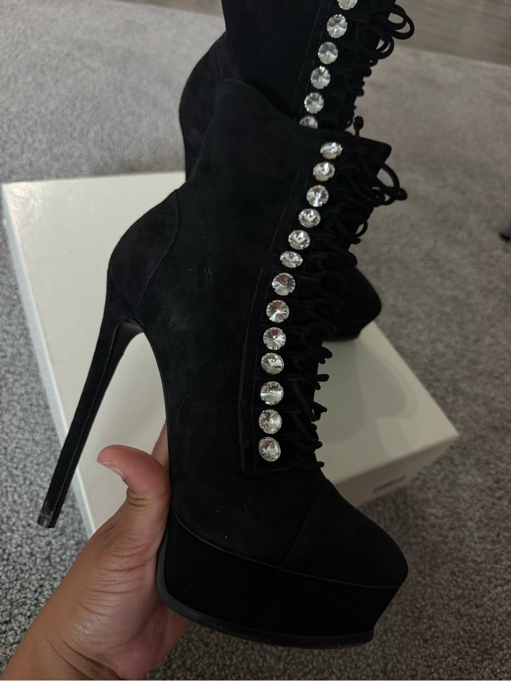Casadei Black Suede Crystal-Embellished Lace-Up Platform Stiletto Boots